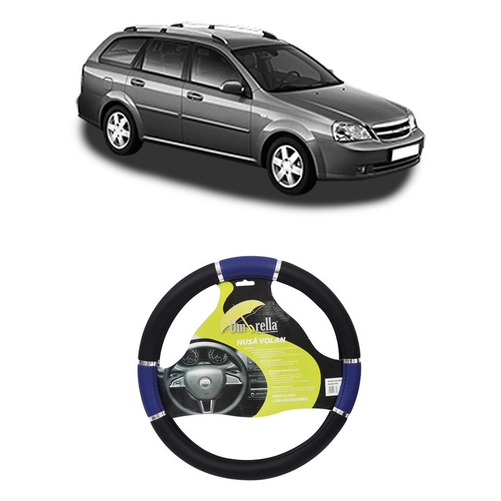 Husa Volan Auto Pentru Daewoo Nubira Wagon (J100) Din 1997-1999, Piele Ecologica, Dimensiune 37-39 cm, Umbrella, Culoare Albastru