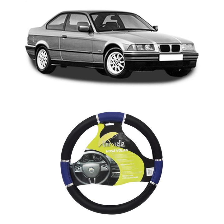 Husa Volan Auto Pentru Bmw 3 (E36) Din 1990-1998, Piele Ecologica, Dimensiune 37-39 cm, Umbrella, Culoare Albastru