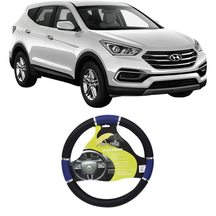 Husa Volan Auto Pentru Hyundai Santa Fe Iv (Tm, Tma) Din 2018-2020, Piele Ecologica, Dimensiune 37-39 cm, Umbrella, Culoare Albastru
