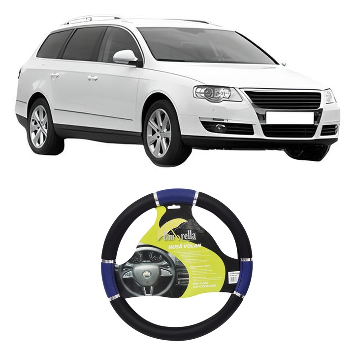 Husa Volan Auto Pentru Volkswagen Passat B6 Variant (3C5) Din 2005-2011, Piele Ecologica, Dimensiune 37-39 cm, Umbrella, Culoare Albastru