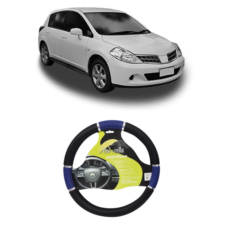 Husa Volan Auto Pentru Nissan Tiida Hatchback (C11) Din 2004-2013, Piele Ecologica, Dimensiune 37-39 cm, Umbrella, Culoare Albastru