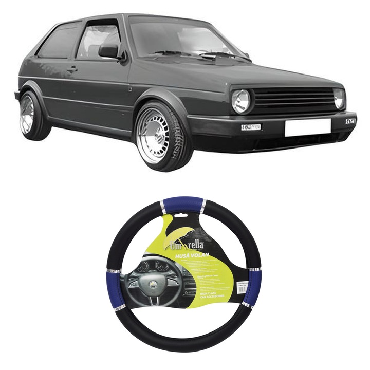 Husa Volan Auto Pentru Volkswagen Polo Hatchback Van (86Cf) Din 1992-1994, Piele Ecologica, Dimensiune 37-39 cm, Umbrella, Culoare Albastru