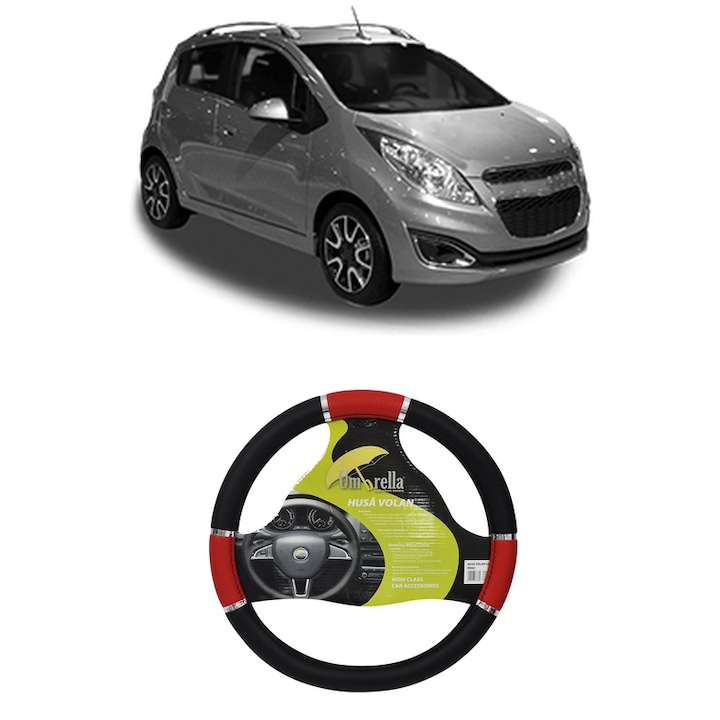 Husa Volan Auto Pentru Chevrolet Spark Hatchback Van (M200, M250) Din 2007-2014, Piele Ecologica, Dimensiune 37-39 cm, Umbrella, Culoare Rosu\negru