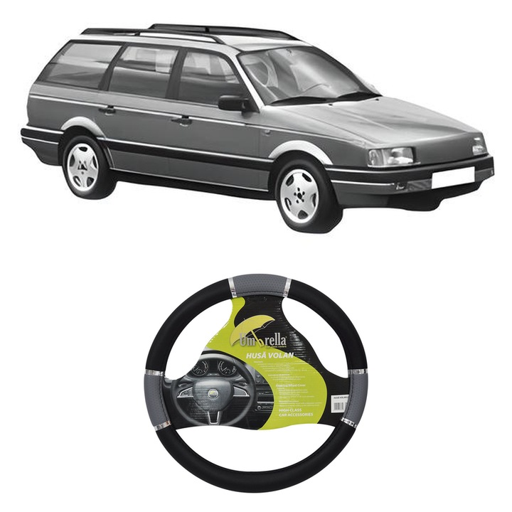 Husa Volan Auto Pentru Volkswagen Passat B3/B4 Variant (3A5, 35I) Din 1988-1997, Piele Ecologica, Dimensiune 37-39 cm, Umbrella, Culoare Gri