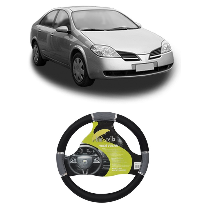 Husa Volan Auto Pentru Nissan Primera Hatchback (P12) Din 2002-2008, Piele Ecologica, Dimensiune 37-39 cm, Umbrella, Culoare Gri