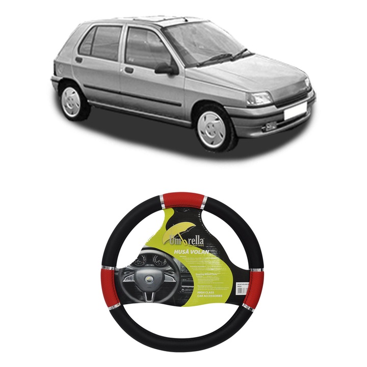 Husa Volan Auto Pentru Renault Clio I (B/C57_, 5/357_) Din 1990-1999, Piele Ecologica, Dimensiune 37-39 cm, Umbrella, Culoare Rosu