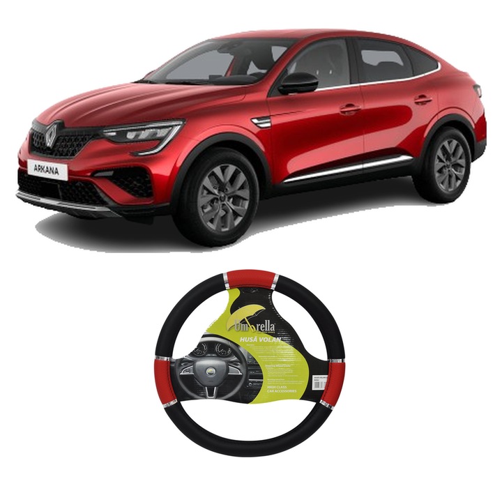 Husa Volan Auto Pentru Renault Arkana I (Lcm_, Ldn_) Din 2019, Piele Ecologica, Dimensiune 37-39 cm, Umbrella, Culoare Rosu
