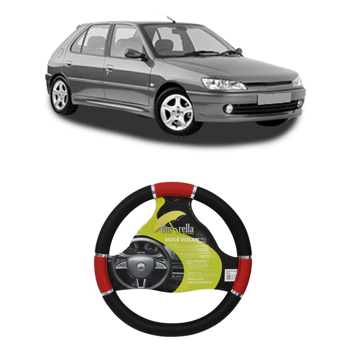 Husa Volan Auto Pentru Peugeot 306 Hatchback (7A, 7C, N3, N5) Din 1993-2002, Piele Ecologica, Dimensiune 37-39 cm, Umbrella, Culoare Rosu