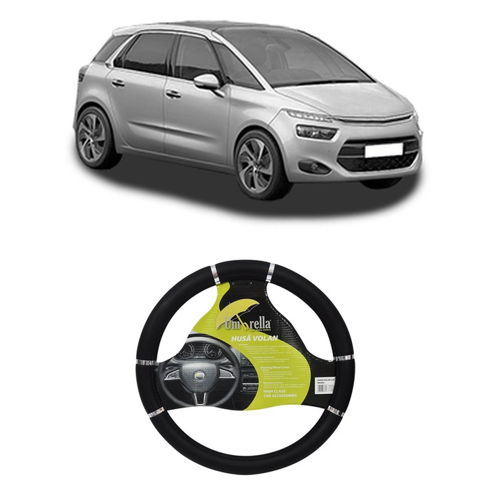 Husa Volan Auto Pentru Citroen C4 Grand Picasso Ii (Da_, De_) Din 2013-2018, Piele Ecologica, Dimensiune 37-39 cm, Umbrella, Culoare Negru