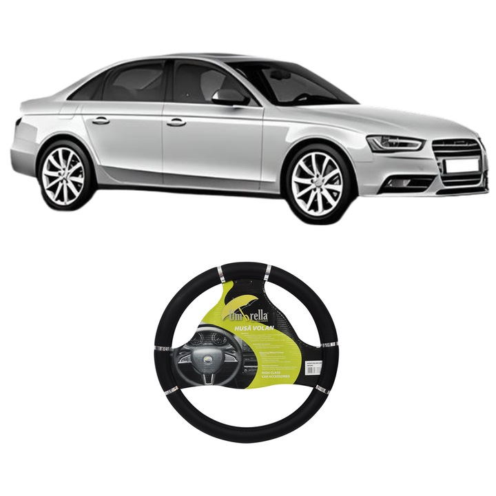 Husa Volan Auto Pentru Audi A4 B8 (8K2) Din 2007-2015, Piele Ecologica, Dimensiune 37-39 cm, Umbrella, Culoare Negru