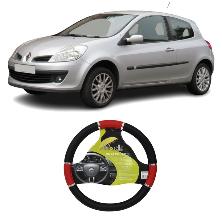 Husa Volan Auto Pentru Renault Clio Iii Hatchback Van (Sb_, Sr_) Din 2005-2014, Piele Ecologica, Dimensiune 37-39 cm, Umbrella, Culoare Rosu