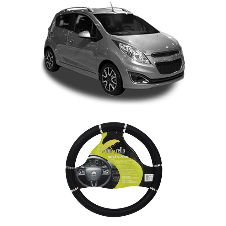 Husa Volan Auto Pentru Chevrolet Spark Hatchback Van (M200, M250) Din 2007-2014, Piele Ecologica, Dimensiune 37-39 cm, Umbrella, Culoare Negru