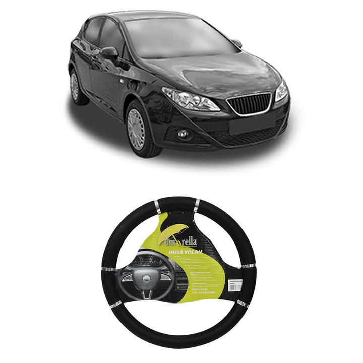 Husa Volan Auto Pentru Seat Ibiza Iv Hatchback Van (6J1) Din 2008-2015, Piele Ecologica, Dimensiune 37-39 cm, Umbrella, Culoare Negru