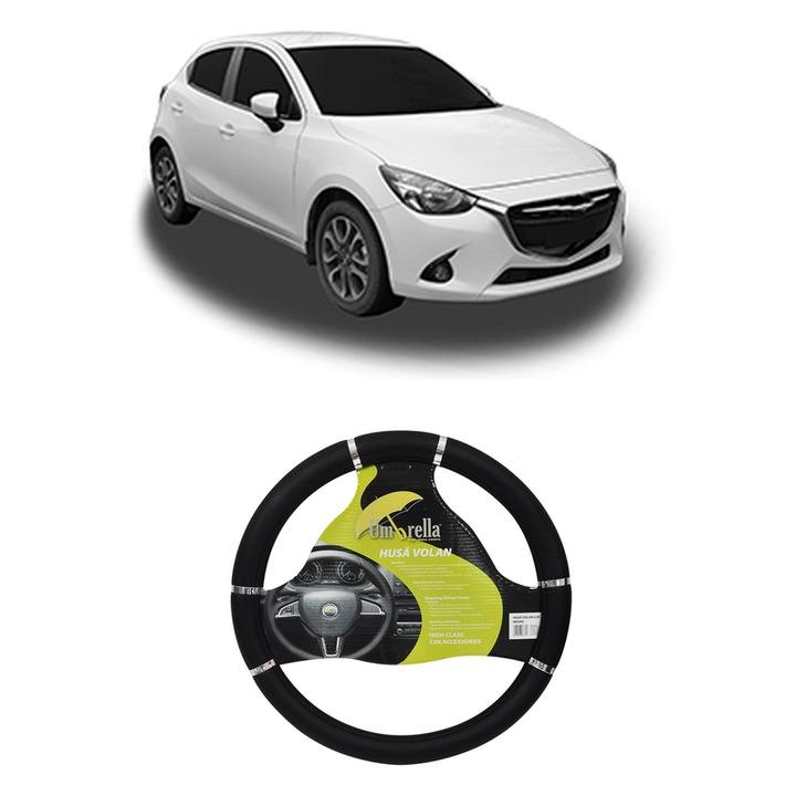 Husa Volan Auto Pentru Mazda 2 Hatchback (Dl, Dj) Din 2014, Piele Ecologica, Dimensiune 37-39 cm, Umbrella, Culoare Negru