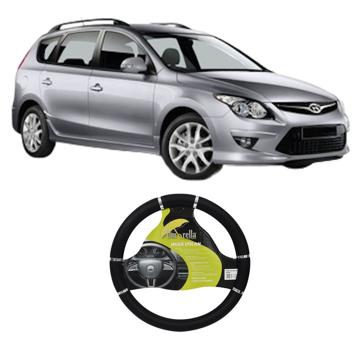 Husa Volan Auto Pentru Hyundai I30 Estate (Gd) Din 2012-2017, Piele Ecologica, Dimensiune 37-39 cm, Umbrella, Culoare Negru