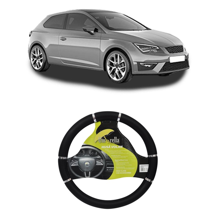 Husa Volan Auto Pentru Seat Leon Sc (5F5) Din 2013-2018, Piele Ecologica, Dimensiune 37-39 cm, Umbrella, Culoare Negru