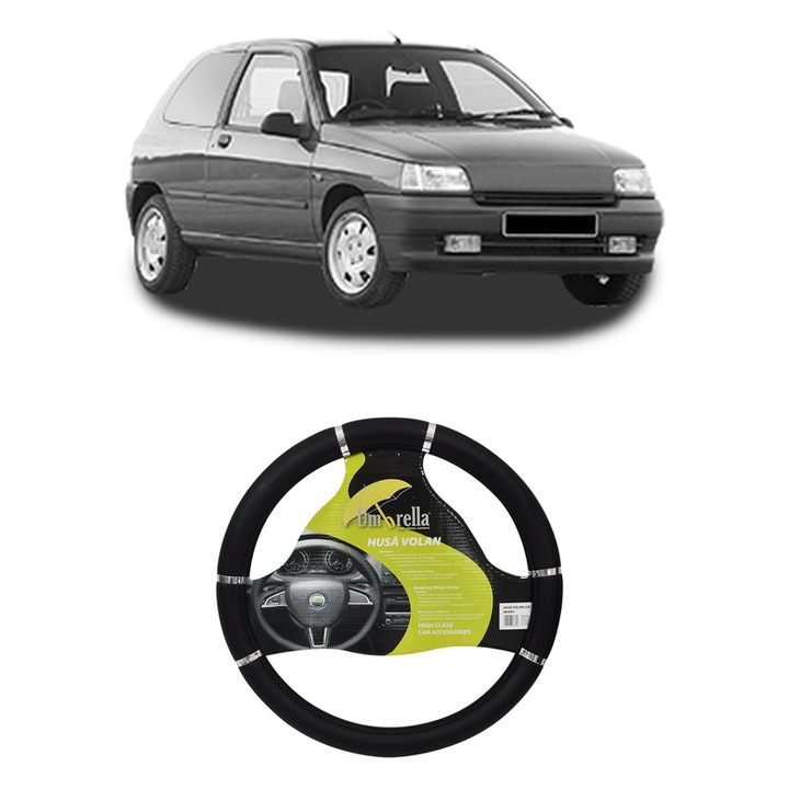 Husa Volan Auto Pentru Renault Clio I Hatchback Van (S57_) Din 1994-1998, Piele Ecologica, Dimensiune 37-39 cm, Umbrella, Culoare Negru