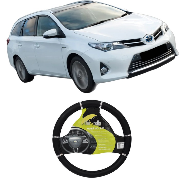 Husa Volan Auto Pentru Toyota Auris Estate (_E18_) Din 2013-2018, Piele Ecologica, Dimensiune 37-39 cm, Umbrella, Culoare Negru