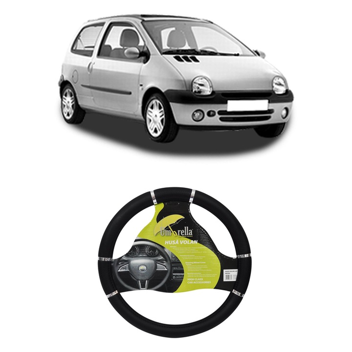 Husa Volan Auto Pentru Renault Twingo I (C06_) Din 1993-2007, Piele Ecologica, Dimensiune 37-39 cm, Umbrella, Culoare Negru