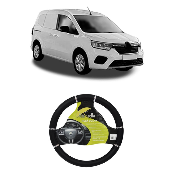 Husa Volan Auto Pentru Renault Kangoo Iii Mpv Din 2021, Piele Ecologica, Dimensiune 37-39 cm, Umbrella, Culoare Negru