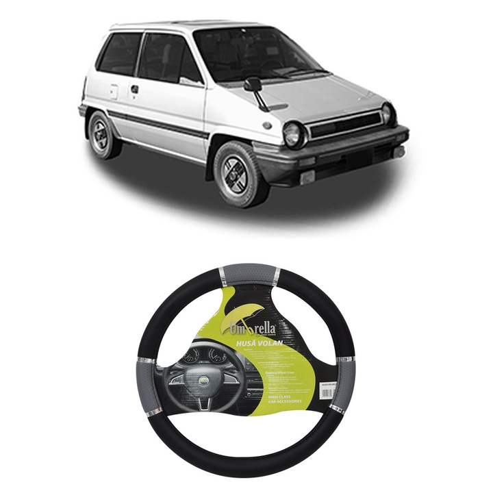 Husa Volan Auto Pentru Honda City I Hatchback (Aa) Din 1980-1984, Piele Ecologica, Dimensiune 37-39 cm, Umbrella, Culoare Gri