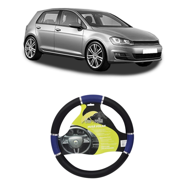 Husa Volan Auto Pentru Volkswagen Golf Vii (5G1, Bq1, Be1, Be2) Din 2012-2021, Piele Ecologica, Dimensiune 37-39 cm, Umbrella, Culoare Albastru