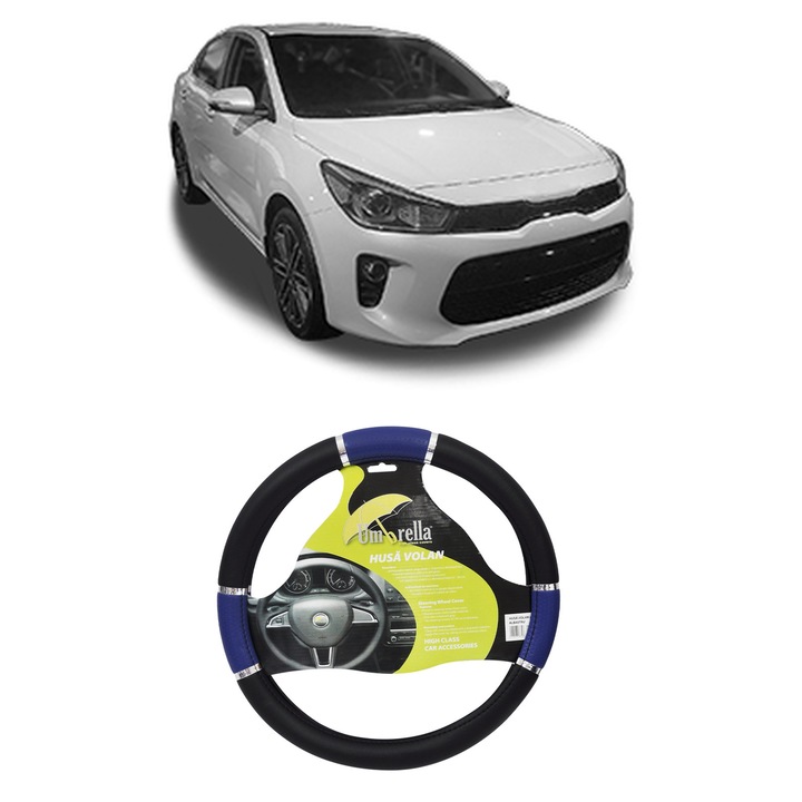 Husa Volan Auto Pentru Kia Rio Iv Saloon (Sc, Fb) Din 2017, Piele Ecologica, Dimensiune 37-39 cm, Umbrella, Culoare Albastru