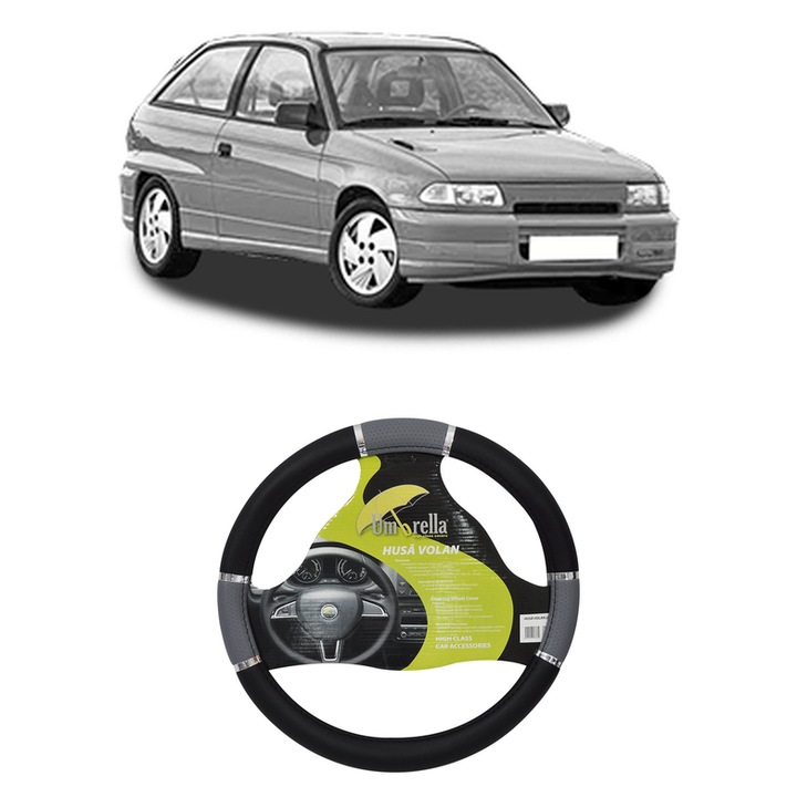 Husa Volan Auto Pentru Opel Astra F Hatchback (T92) Din 1991-1998, Piele Ecologica, Dimensiune 37-39 cm, Umbrella, Culoare Gri