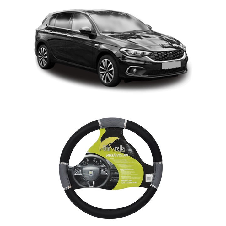 Husa Volan Auto Pentru Fiat Tipo Hatchback (356_, 357_) Din 2016-2020, Piele Ecologica, Dimensiune 37-39 cm, Umbrella, Culoare Gri
