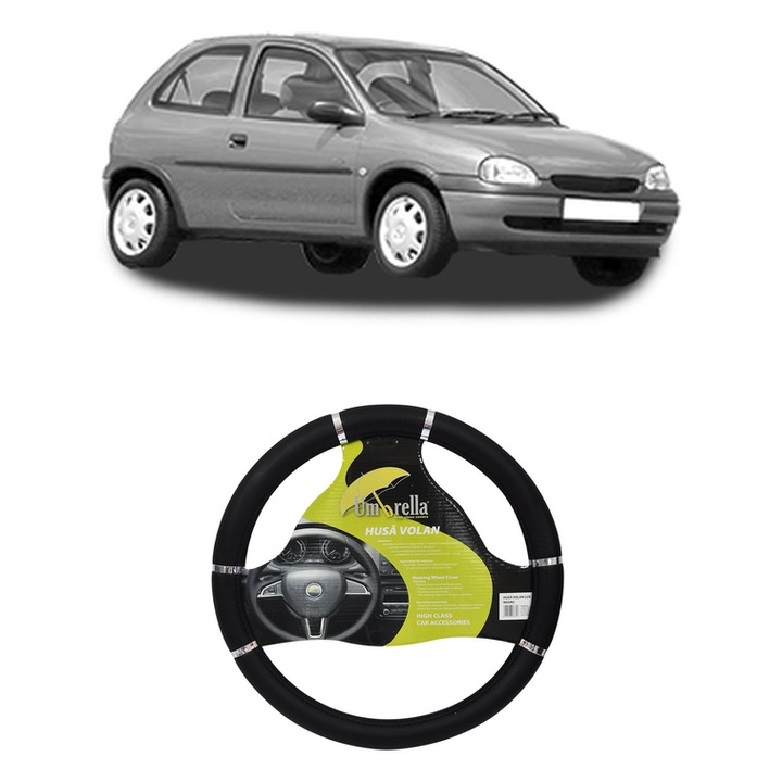 Husa Volan Auto Pentru Opel Corsa B (S93) Din 1993-2002, Piele Ecologica, Dimensiune 37-39 cm, Umbrella, Culoare Negru