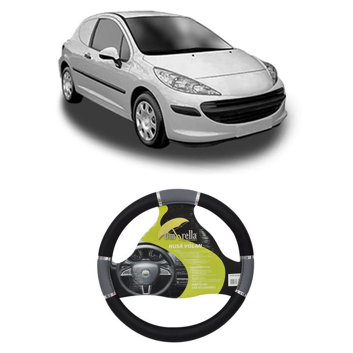 Husa Volan Auto Pentru Peugeot 207 Hatchback Van (Wa_, Wc_) Din 2007-2012, Piele Ecologica, Dimensiune 37-39 cm, Umbrella, Culoare Gri