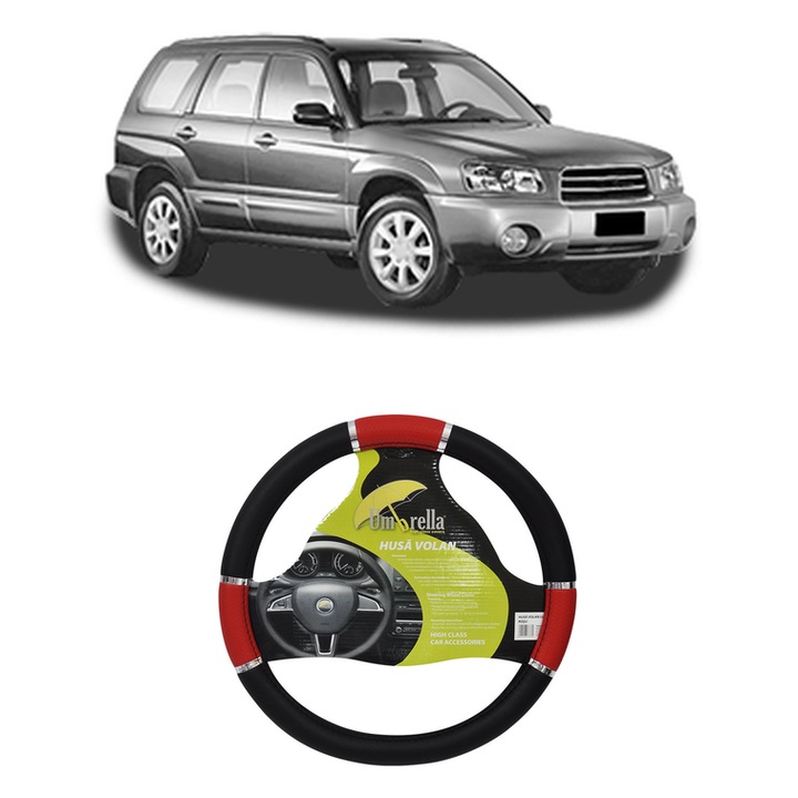 Husa Volan Auto Pentru Subaru Forester (Sg_) Din 2002-2008, Piele Ecologica, Dimensiune 37-39 cm, Umbrella, Culoare Rosu