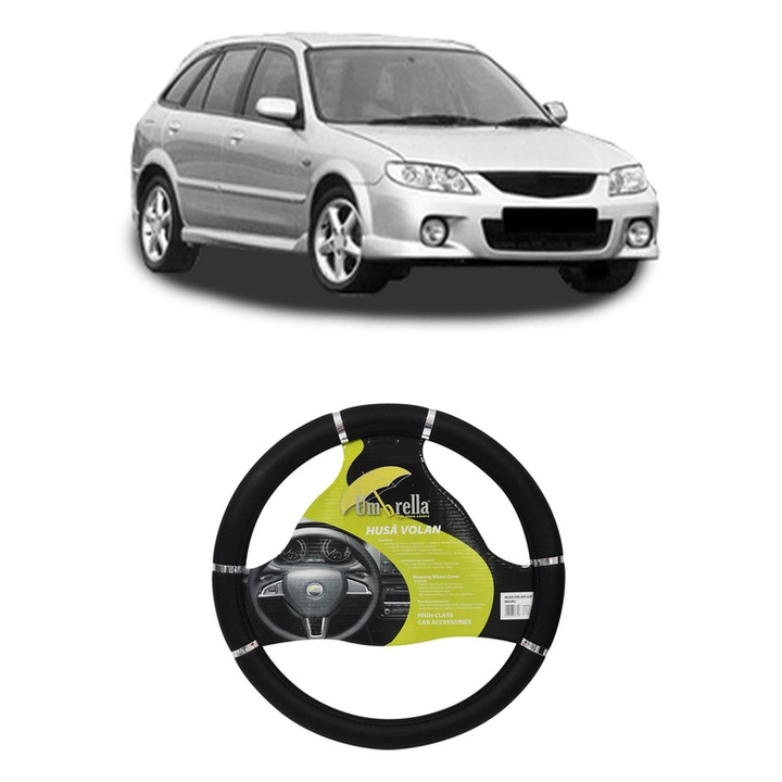 Husa Volan Auto Pentru Mazda 323 F Vi Hatchback (Bj) Din 1998-2004, Piele Ecologica, Dimensiune 37-39 cm, Umbrella, Culoare Negru