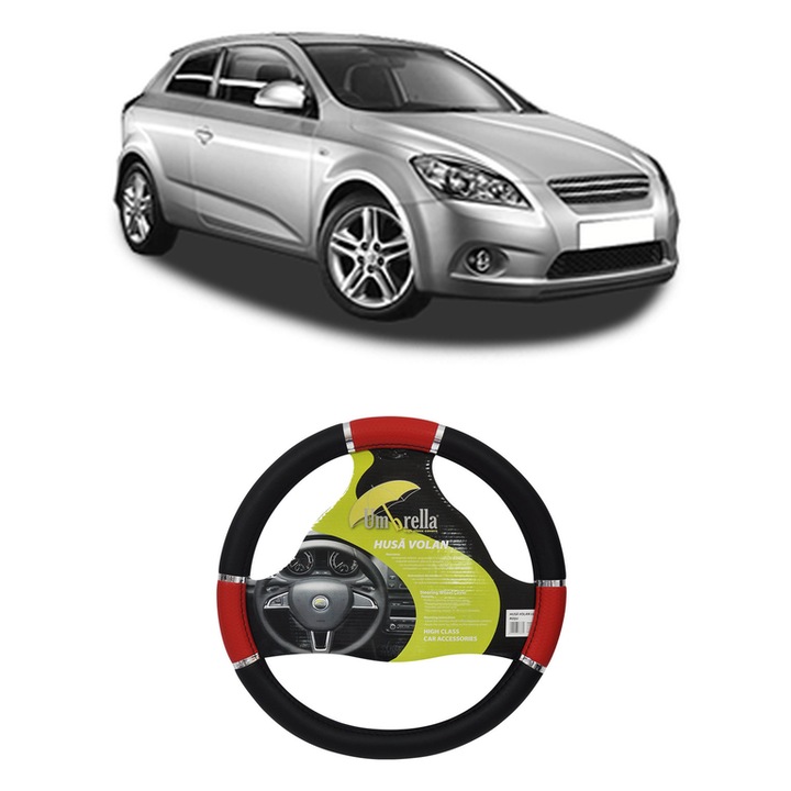 Husa Volan Auto Pentru Kia Cee'D Hatchback (Ed) Din 2006-2012, Piele Ecologica, Dimensiune 37-39 cm, Umbrella, Culoare Rosu