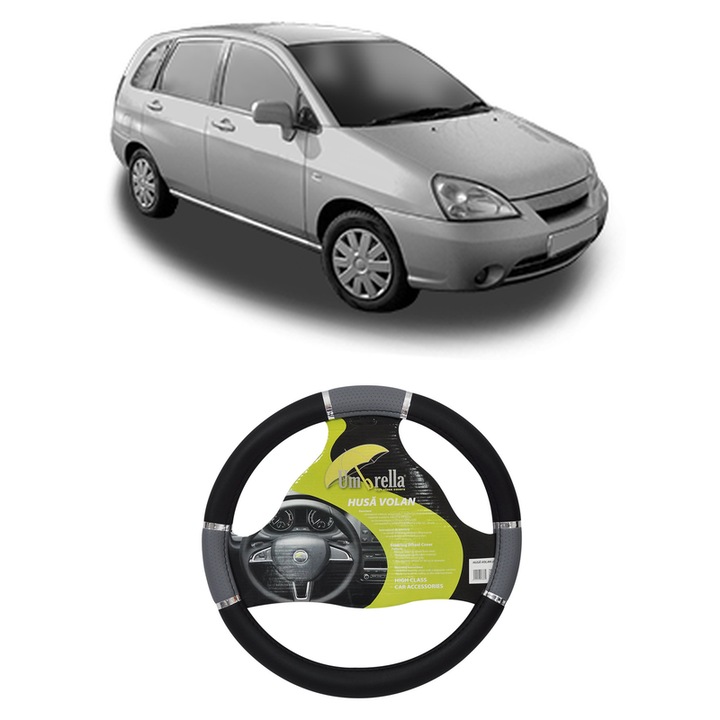 Husa Volan Auto Pentru Suzuki Liana Hatchback Din 2001-2007, Piele Ecologica, Dimensiune 37-39 cm, Umbrella, Culoare Gri