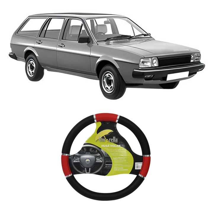 Husa Volan Auto Pentru Volkswagen Passat B2 Variant (33B) Din 1980-1988, Piele Ecologica, Dimensiune 37-39 cm, Umbrella, Culoare Rosu