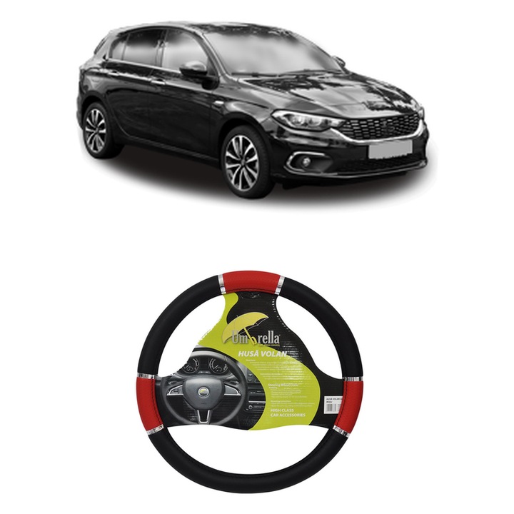 Husa Volan Auto Pentru Fiat Tipo Hatchback (356_, 357_) Din 2016-2020, Piele Ecologica, Dimensiune 37-39 cm, Umbrella, Culoare Rosu