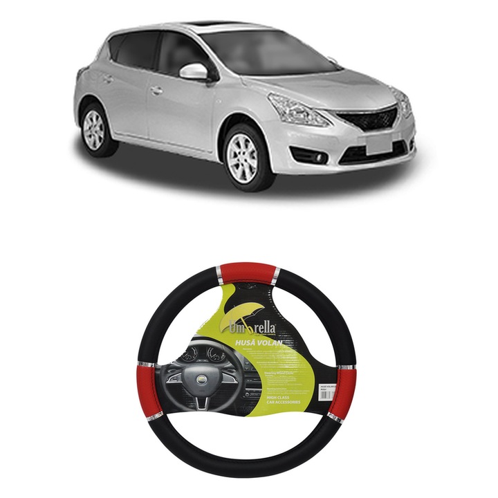 Husa Volan Auto Pentru Nissan Tiida Hatchback (C12) Din 2013, Piele Ecologica, Dimensiune 37-39 cm, Umbrella, Culoare Rosu