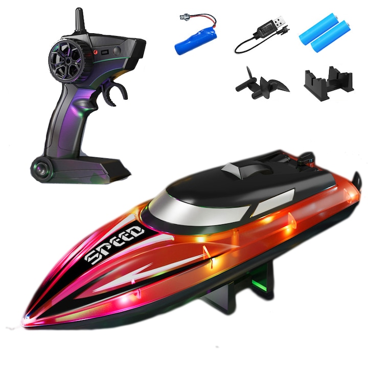 RC лодка - Бързи RC лодки за възрастни и деца, 2,4 GHz RC лодка с дистанционно управление за момчета, Радиоуправляеми лодки с презареждаема батерия, RC лодка с дистанционно управление за басейн и езеро с LED ефект RC лодка (прозрачни цветни светлини)