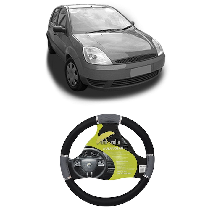 Husa Volan Auto Pentru Ford Fiesta V (Jh_, Jd_) Din 2001-2008, Piele Ecologica, Dimensiune 37-39 cm, Umbrella, Culoare Gri