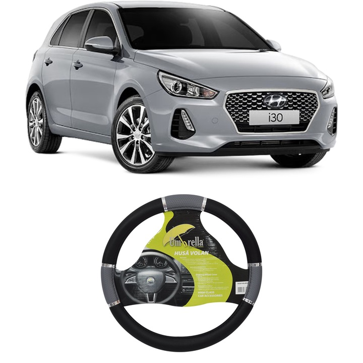 Husa Volan Auto Pentru Hyundai I30 Hatchback Van (Pde) Din 2016-2020, Piele Ecologica, Dimensiune 37-39 cm, Umbrella, Culoare Gri