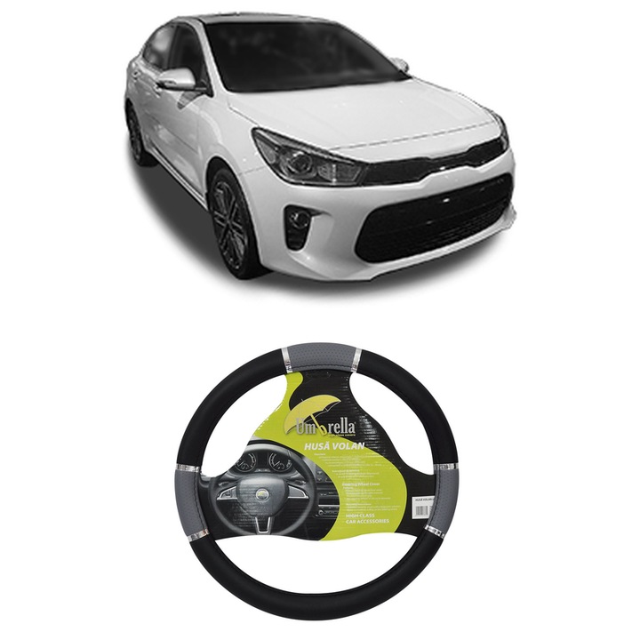 Husa Volan Auto Pentru Kia Rio Iv Hatchback Van (Yb, Sc, Fb) Din 2017, Piele Ecologica, Dimensiune 37-39 cm, Umbrella, Culoare Gri
