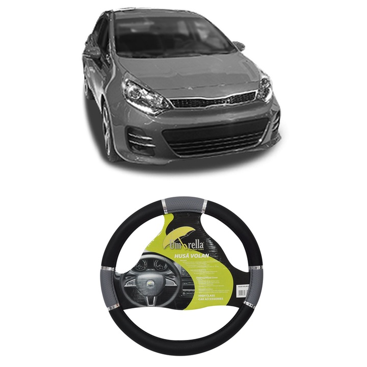 Husa Volan Auto Pentru Kia Rio Iii Hatchback Van (Ub) Din 2011-2017, Piele Ecologica, Dimensiune 37-39 cm, Umbrella, Culoare Gri
