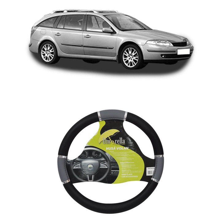 Husa Volan Auto Pentru Renault Laguna Ii Grandtour (Kg0/1_) Din 2001-2007, Piele Ecologica, Dimensiune 37-39 cm, Umbrella, Culoare Gri