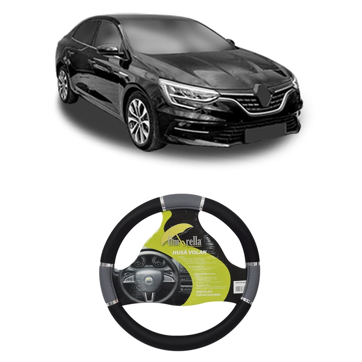Husa Volan Auto Pentru Renault Megane Iv Saloon Din 2016, Piele Ecologica, Dimensiune 37-39 cm, Umbrella, Culoare Gri