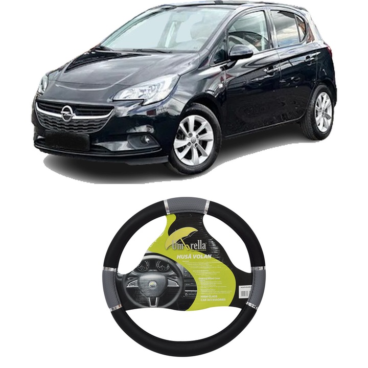 Husa Volan Auto Pentru Opel Corsa E (X15) Din 2014-2019, Piele Ecologica, Dimensiune 37-39 cm, Umbrella, Culoare Gri