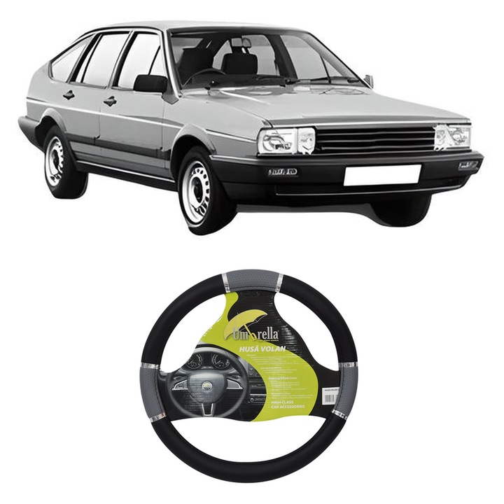 Husa Volan Auto Pentru Volkswagen Passat B2 (32B) Din 1979-1989, Piele Ecologica, Dimensiune 37-39 cm, Umbrella, Culoare Gri