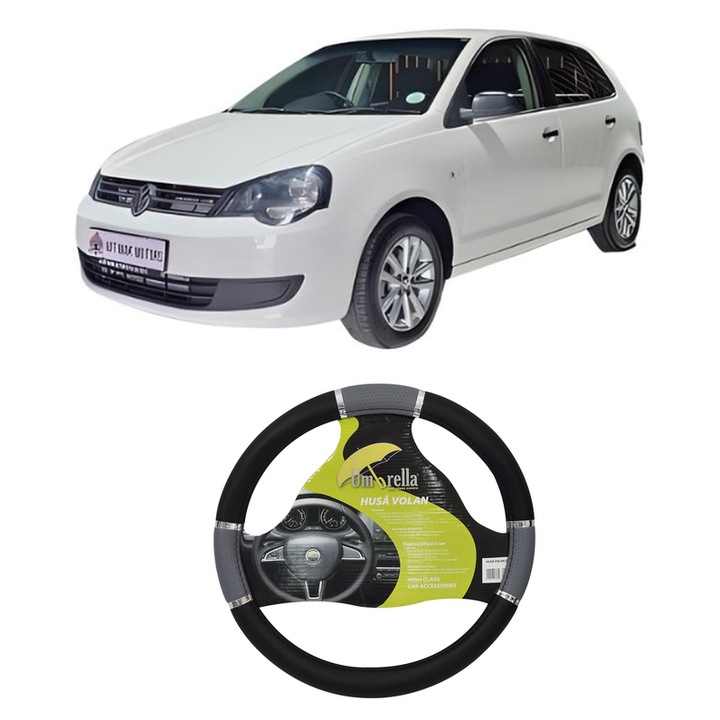 Husa Volan Auto Pentru Volkswagen Polo Vivo Hatchback (6S1, 6S3) Din 2010-2019, Piele Ecologica, Dimensiune 37-39 cm, Umbrella, Culoare Gri