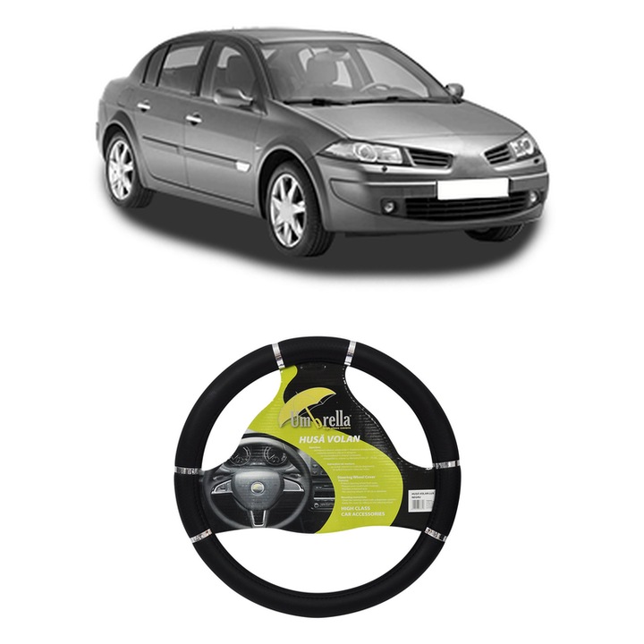 Husa Volan Auto Pentru Renault Megane Ii Saloon (Lm0/1_) Din 2003-2010, Piele Ecologica, Dimensiune 37-39 cm, Umbrella, Culoare Negru