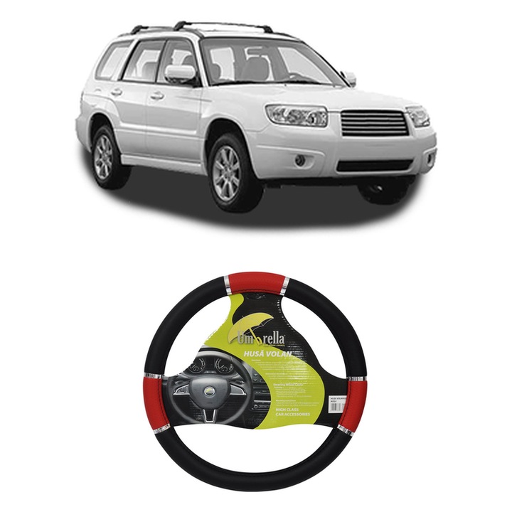 Husa Volan Auto Pentru Subaru Forester (Sh_) Din 2008-2013, Piele Ecologica, Dimensiune 37-39 cm, Umbrella, Culoare Rosu